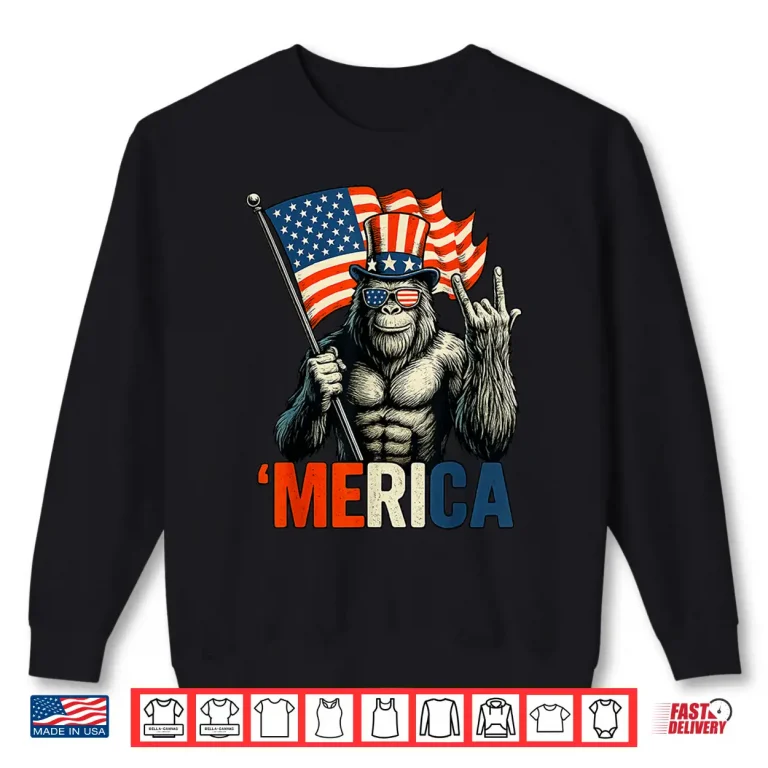 Sweatshirt Bigfoot Rock Roll Merica USA American Flag 4th of July Shirt