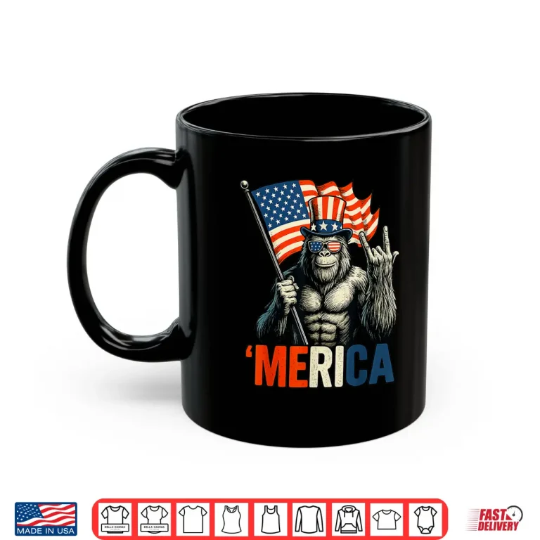 Mug Bigfoot Rock Roll Merica USA American Flag 4th of July Shirt