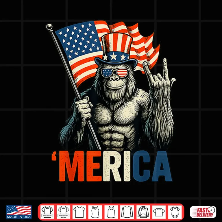 Design Bigfoot Rock Roll Merica USA American Flag 4th of July Shirt