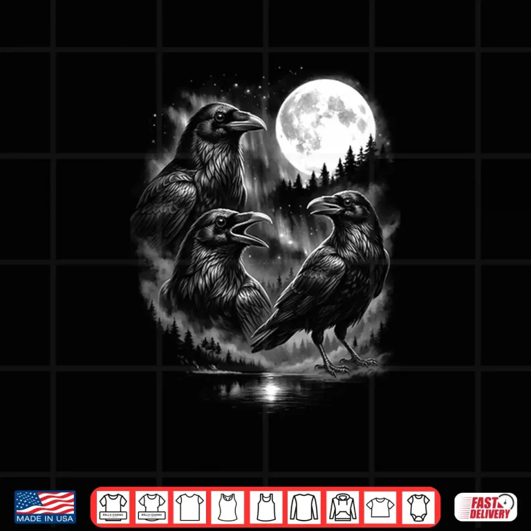 Design Three Black Bird Crow Howling Moon Vintage Graphic Shirt
