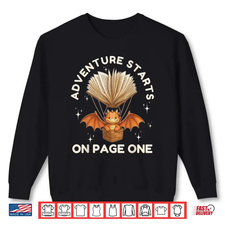 Sweatshirt Cute Dragon Book Hot Air Balloon Adventure Fantasy Reading Shirt
