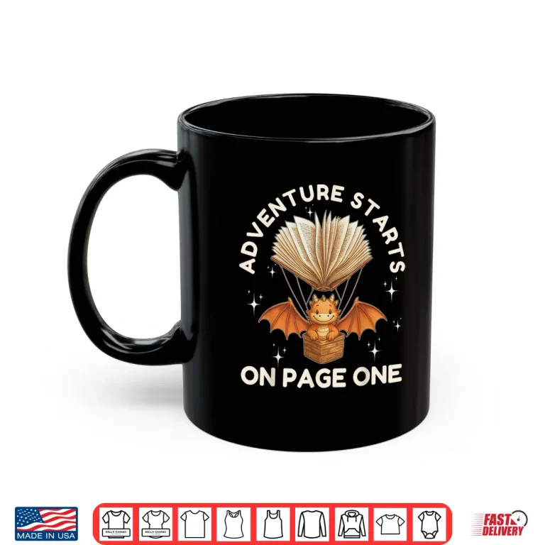 Mug Cute Dragon Book Hot Air Balloon Adventure Fantasy Reading Shirt