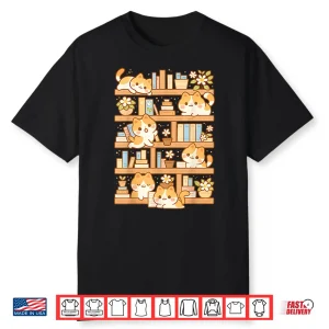 Kawaii Bookshelf Cat Readers Bookworms Librarian Books Lover Shirt