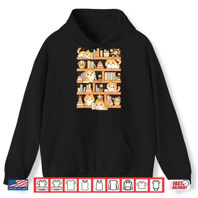 Hoodie Kawaii Bookshelf Cat Readers Bookworms Librarian Books Lover Shirt