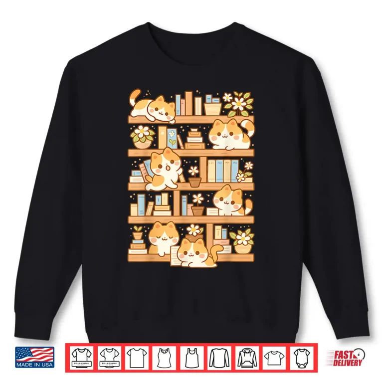 Sweatshirt Kawaii Bookshelf Cat Readers Bookworms Librarian Books Lover Shirt
