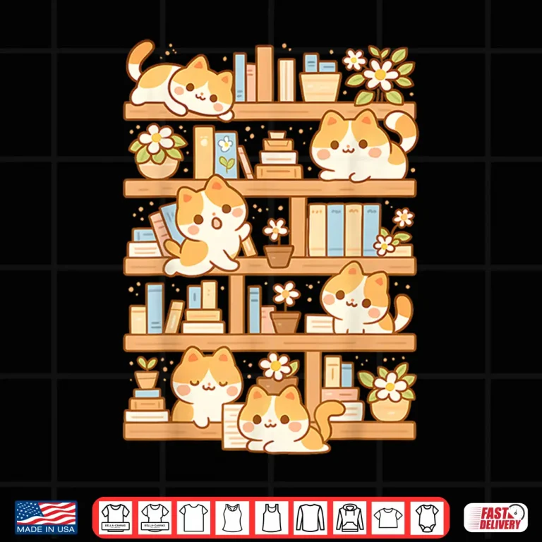 Design Kawaii Bookshelf Cat Readers Bookworms Librarian Books Lover Shirt