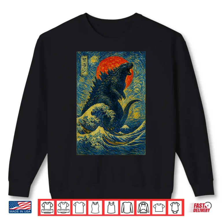 Sweatshirt Funny Kaiju Starry Night Japanese Art Anime Van Gogh Graphic Shirt