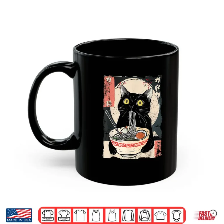 Mug Kawaii Cat Eating Ramen Noodles Funny Anime Gift Girls Teens Shirt