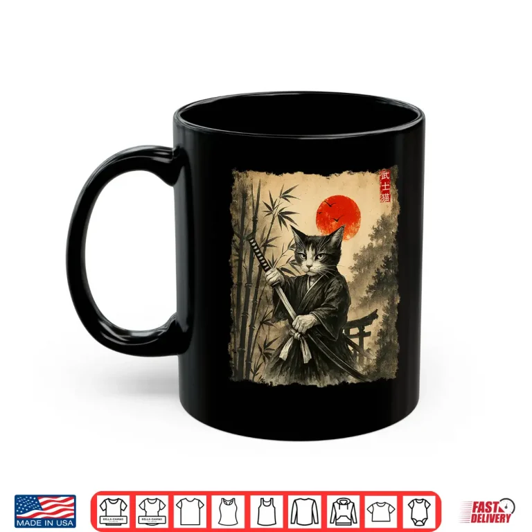 Mug Samurai Cat Japanese Art Men Boys Funny Graphic Tee Anime Shirt