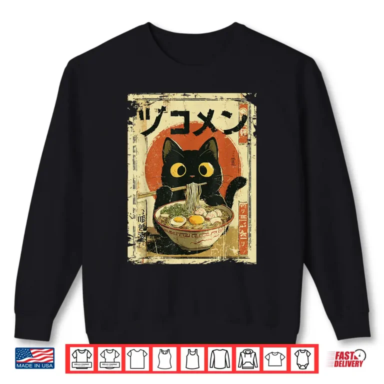 Sweatshirt Kawaii Cat Eating Ramen Noodles Funny vintage Japanese Anime Shirt