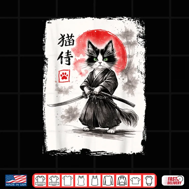 Design Neko Samurai Under Full Moon Japanese Warrior Anime Shirt