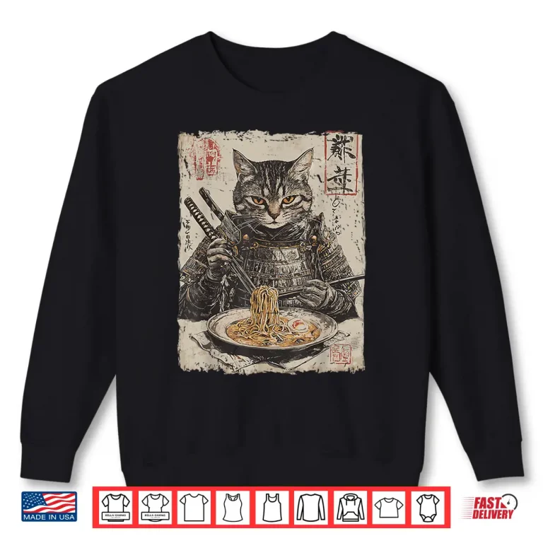 Sweatshirt Samurai Cat Loves Ramen Funny Anime Japanese Artwork Samurai Shirt