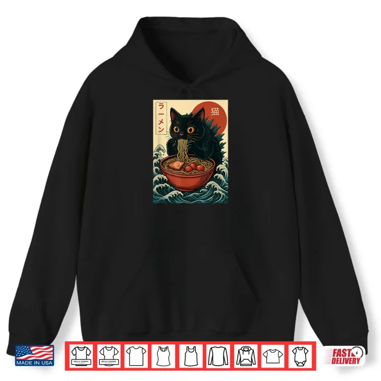 Hoodie Funny Catzilla Anime Ramen Japanese Cat Gifts Men Women Kids Shirt