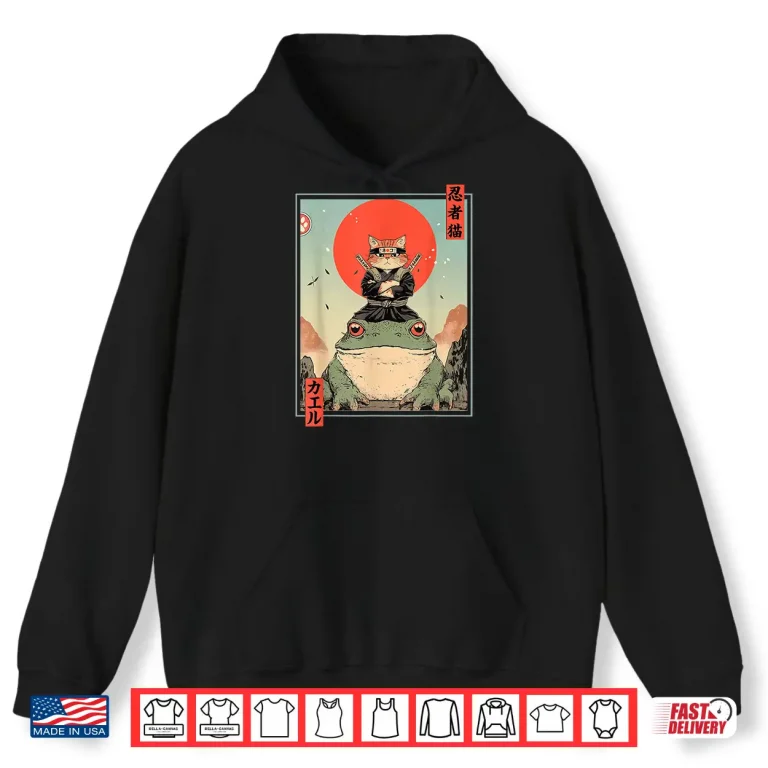 Hoodie Japanese Ninja Cat and Frog Retro Anime Style Graphic Shirt
