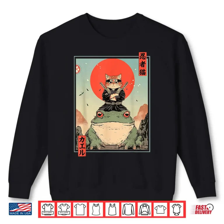 Sweatshirt Japanese Ninja Cat and Frog Retro Anime Style Graphic Shirt