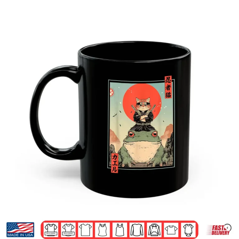 Mug Japanese Ninja Cat and Frog Retro Anime Style Graphic Shirt