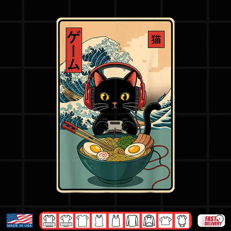 Design Kawaii Gamer Cat Ramen Retro Japanese Funny Cat Gaming Shirt
