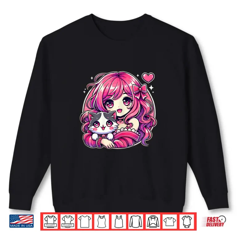 Sweatshirt Anime Girl and Cat Kawaii Manga Girl Shirt