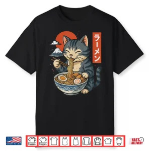 Anime Cat Eating Ramen Retro Kawaii Ramen Cat Shirt