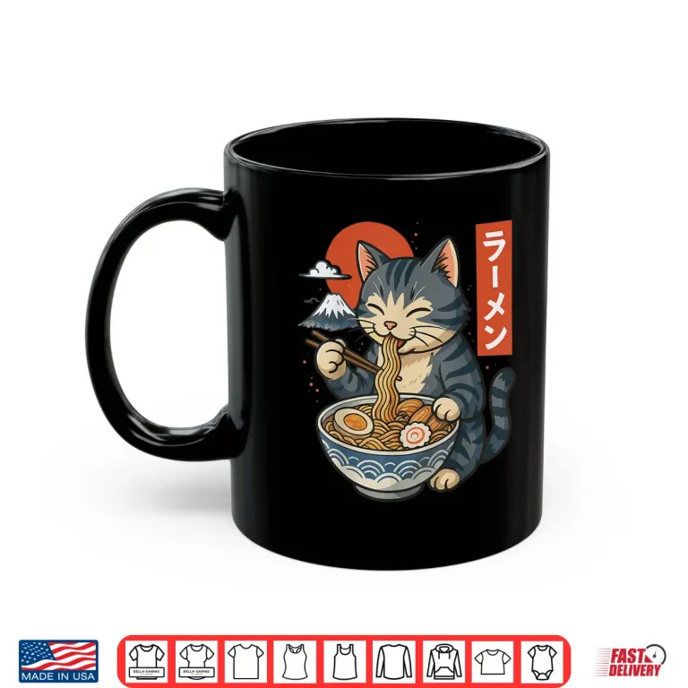 Mug Anime Cat Eating Ramen Retro Kawaii Ramen Cat Shirt