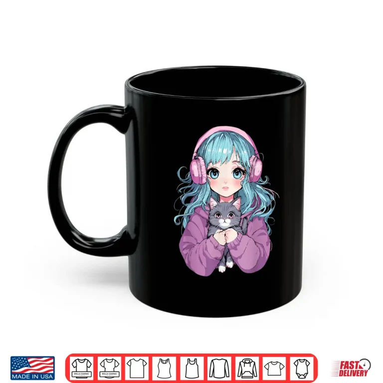Mug Anime Girl Cat Japanese Kawaii Teens Girls Shirt