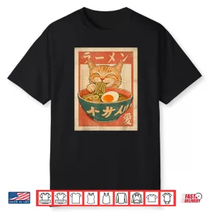 Cat Ramen Funny Japanese Vintage Graphic Tee Kawaii Anime Shirt