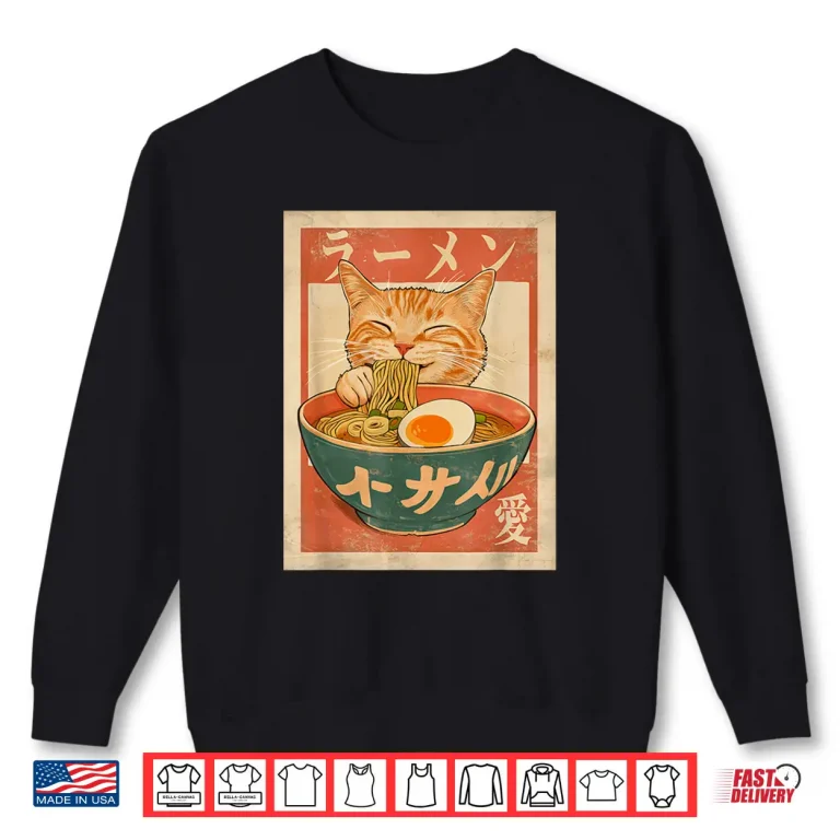 Sweatshirt Cat Ramen Funny Japanese Vintage Graphic Tee Kawaii Anime Shirt