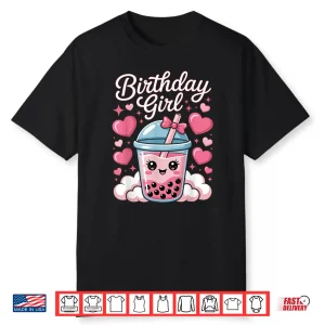 Happy Birthday Girl Cute Pink Bow Bubble Boba Tea Anime Shirt