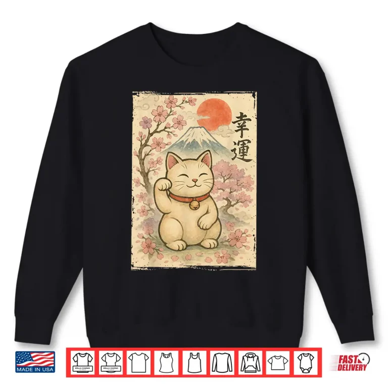 Sweatshirt Japanese Anime Maneki Neko Waving Cat Good Luck Kanji Lucky Shirt