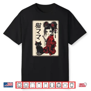Japanese Gothic Kawaii Anime Samurai Cat Mom Woman Girls Shirt