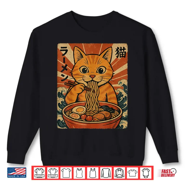 Sweatshirt Ramen Noodles Orange Cat Japanese Anime Kawaii Cat Retro Shirt