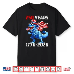 Dinosaur T Rex 250 Years 1776 2026 America Flag Boys Kids Shirt