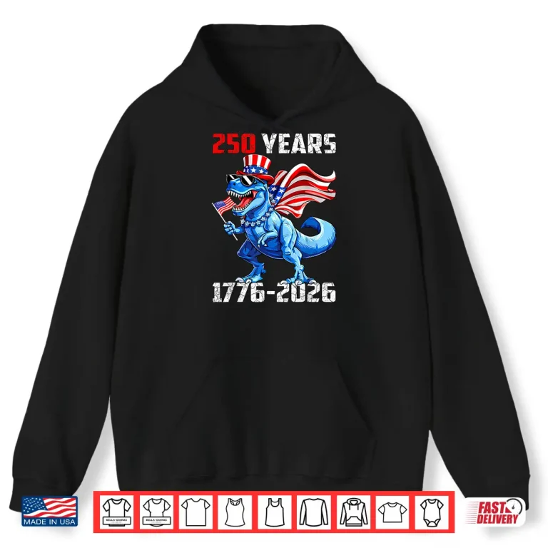 Hoodie Dinosaur T Rex 250 Years 1776 2026 America Flag Boys Kids Shirt