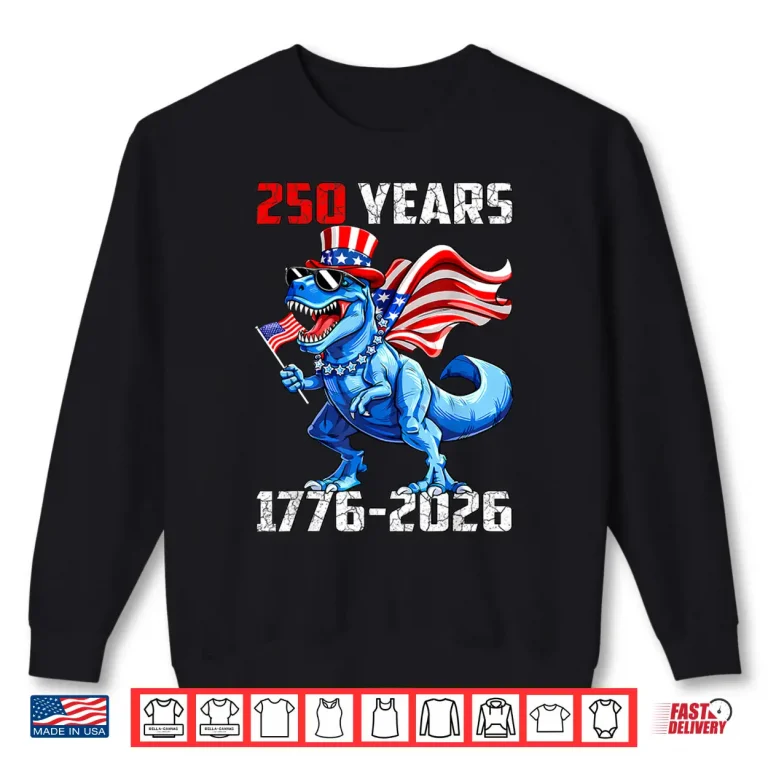 Sweatshirt Dinosaur T Rex 250 Years 1776 2026 America Flag Boys Kids Shirt