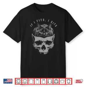 If It Fits I Sit Black Cat Skull Minimalist Meme Humor Shirt