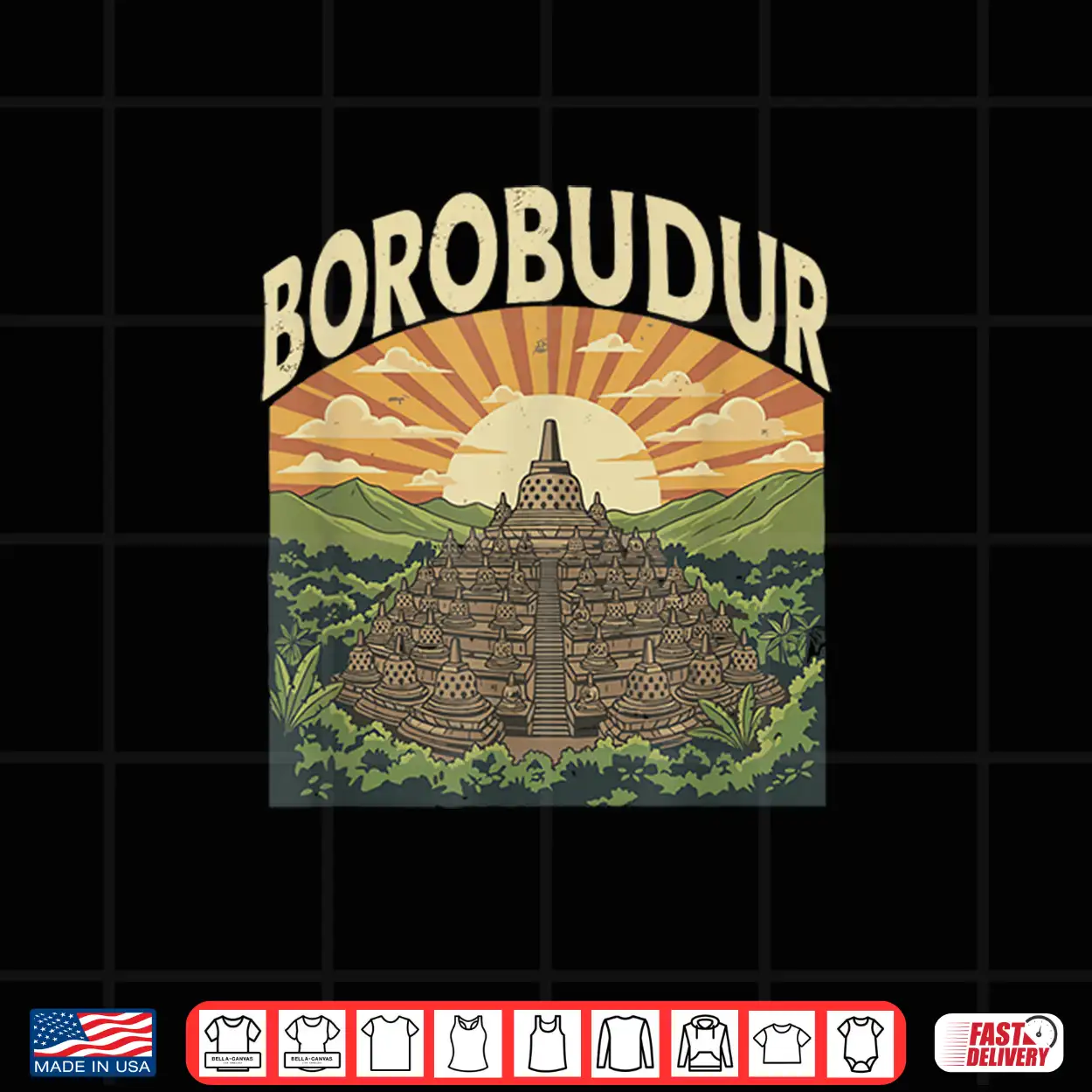 Borobudur Retro Indonesian Buddhist Temple Sunset Forest Shirt Borobudur Retro Indonesian Buddhist Temple Sunset Forest Shirt