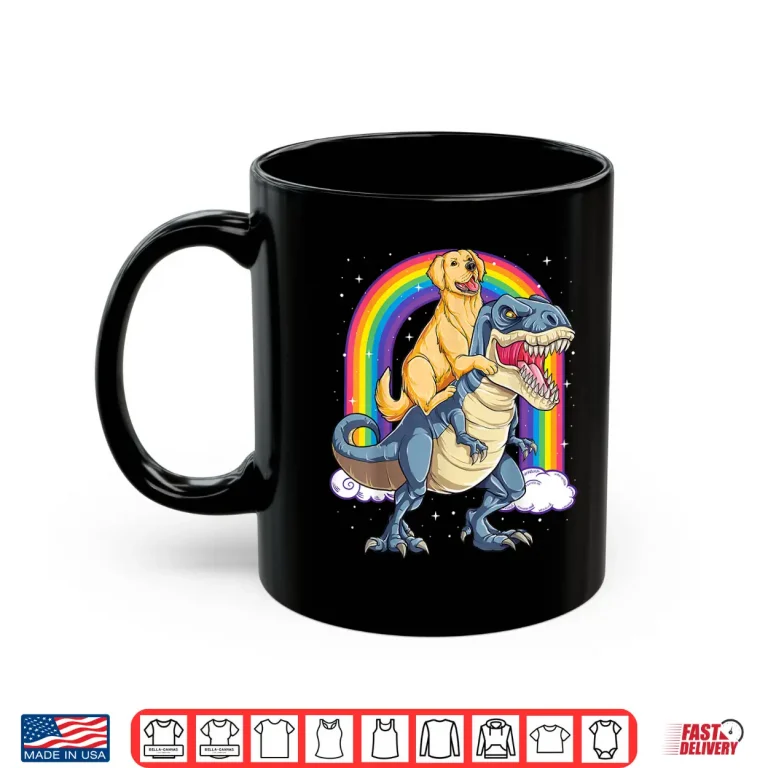 Mug Golden Retriever Riding Dinosaur T rex Gifts Boys Rainbow Shirt