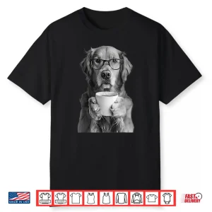 Golden Retriever Drinking Coffee With Glasses Funny Dog Meme Shirt