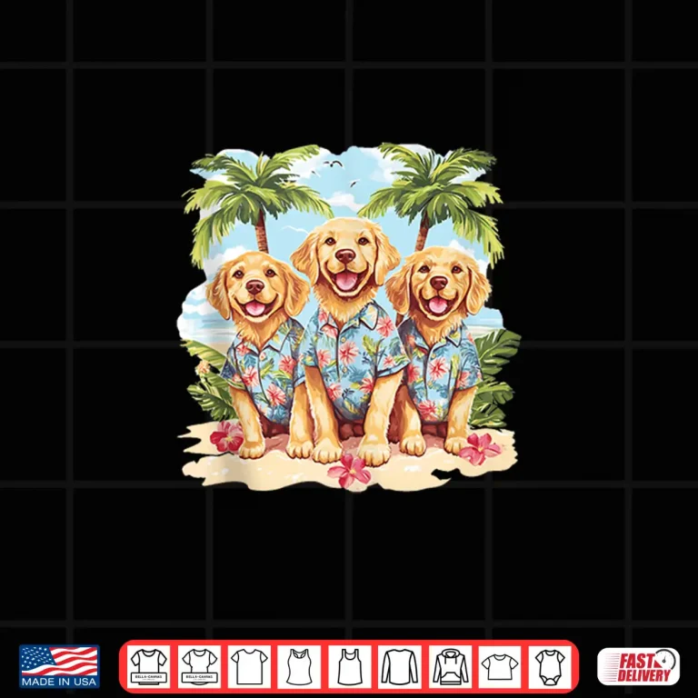 Design Golden Retriever Dogs In Cute Hawaiian Tops Palm Trees Beach Shirt
