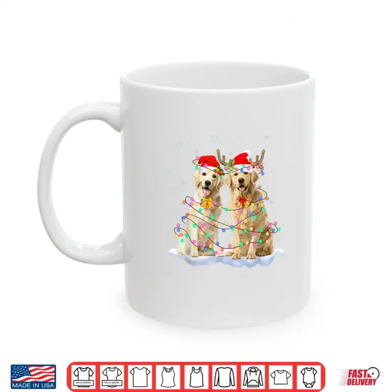 Mug Golden Retriever Christmas Santa Hat Reindeer Lights Pajama Shirt