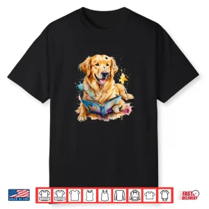 Golden Retriever Reading Dog Animal Art Print Graphic Shirt