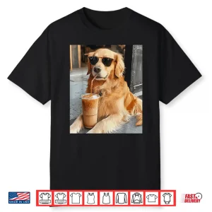 Golden Retriever Drinking Iced Coffee Professional Minimalist Graphic Shirt