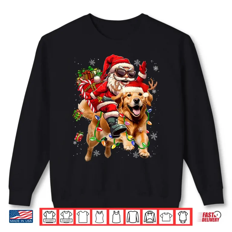 Sweatshirt Merry Christmas Santa Riding Golden Retriever Dog Xmas Shirt