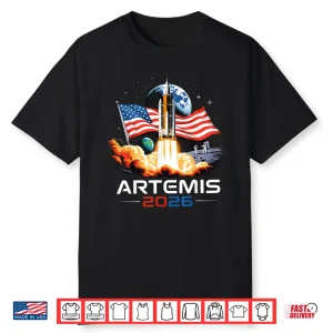 Artemis Ii 2026 Us Flag Rocket Launch Space Exploration Shirt