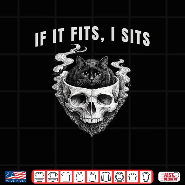 Design If It Fits I Sits Black Cat Skull Spooky Minimalist Shirt