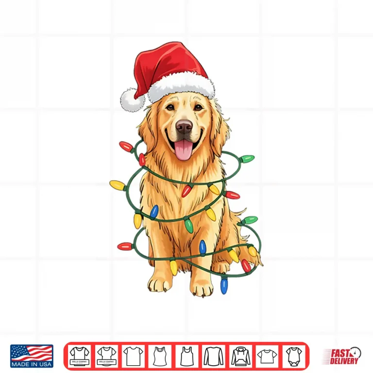 Design Santa Hat Golden Retriever Christmas Tree Light Xmas Pajama Shirt