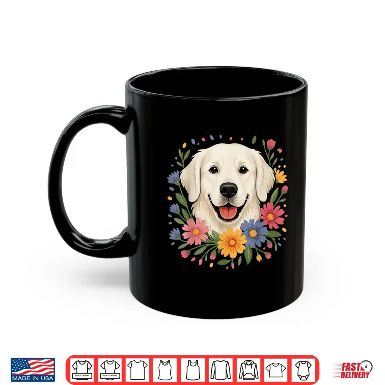Mug White English Cream Golden Retriever Colorful Spring Flowers Shirt