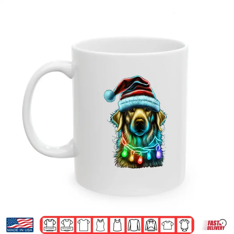 Mug Golden Retriever Funny dog Christmas Santa Hat lights tree Shirt