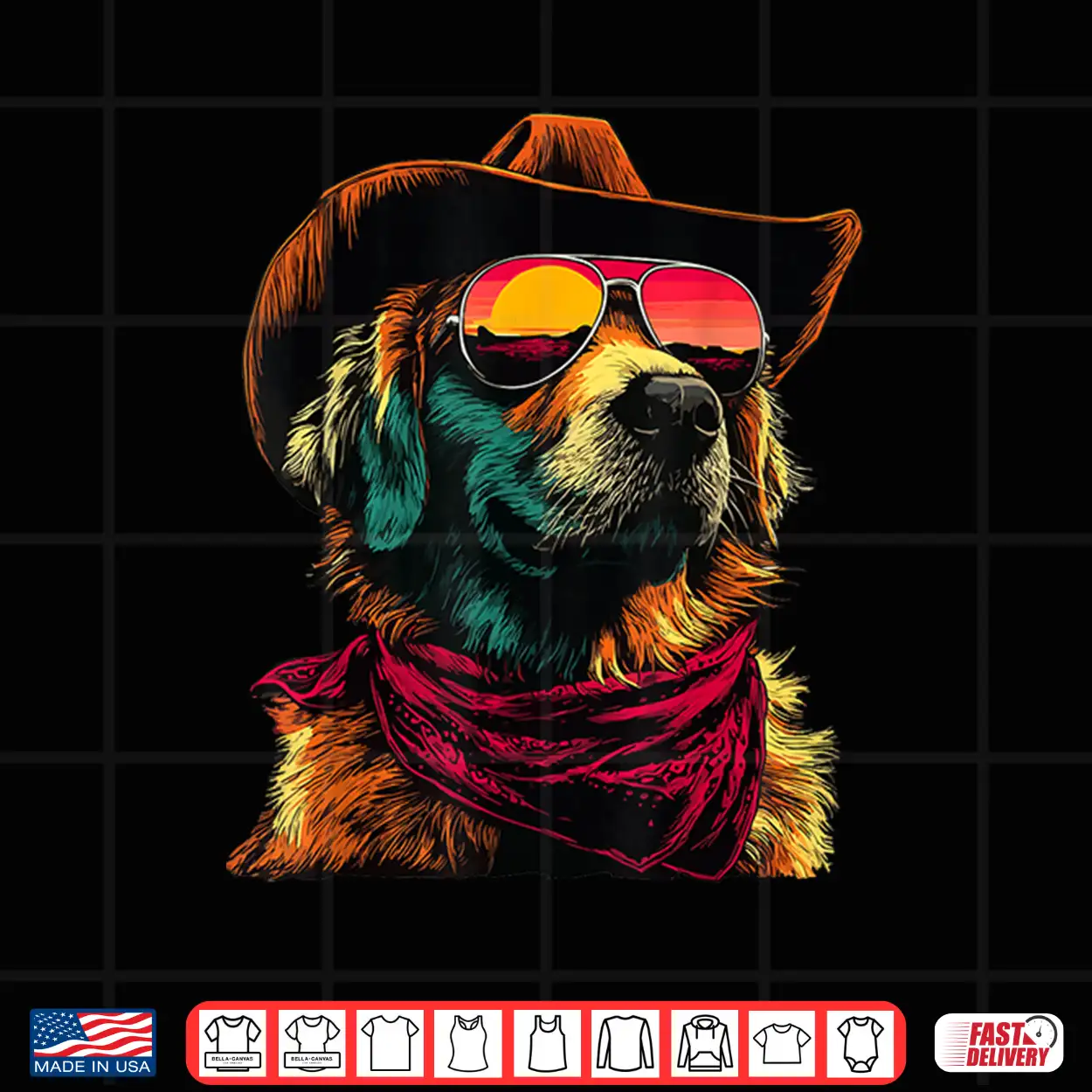 Golden Retriever With Sunglasses Cowboy Dog Sunset Western Shirt Golden Retriever With Sunglasses Cowboy Dog Sunset Western Shirt