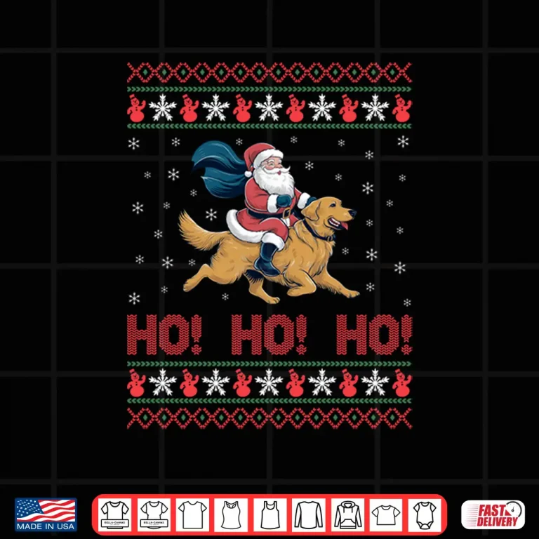 Design Ho Ho Ho Santa Riding Golden Retriever Dog Ugly Xmas Sweater Shirt